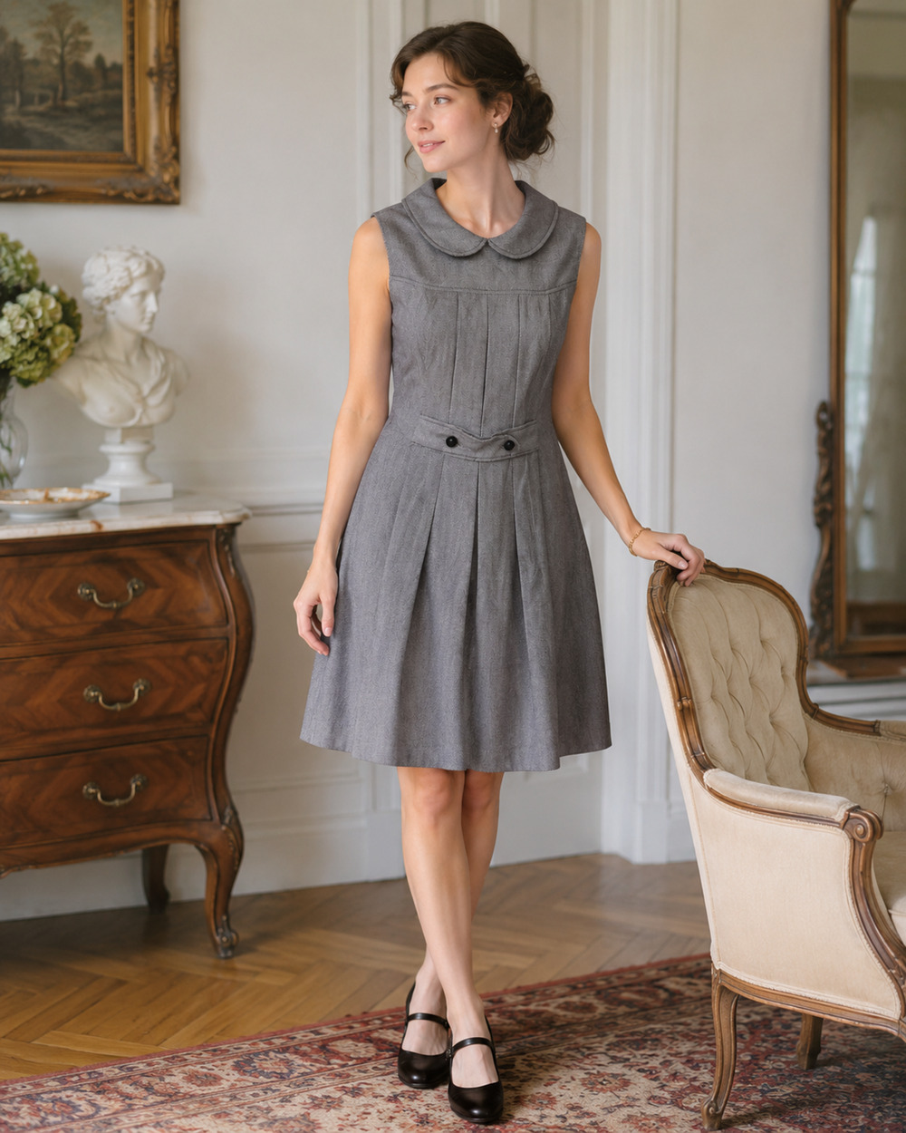 70s VTG Young Innocent Edwardian Arpeja Womens Herringbone Mini Dress S Academia